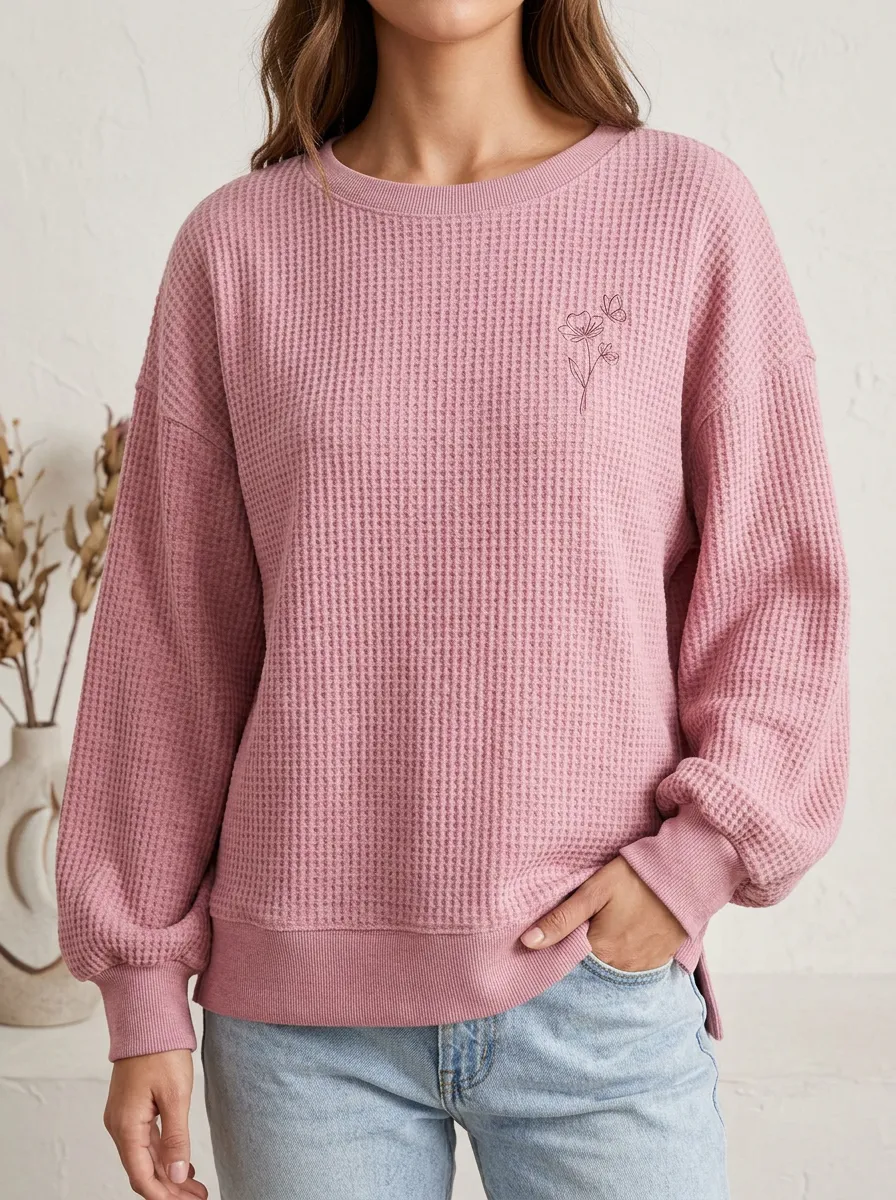 Women's Minimalist Floral Butterfly Line Art Printed Waffle Knit Sweatshirt