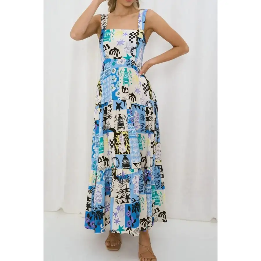 Printed Square Neck Wide Strap Maxi Dress