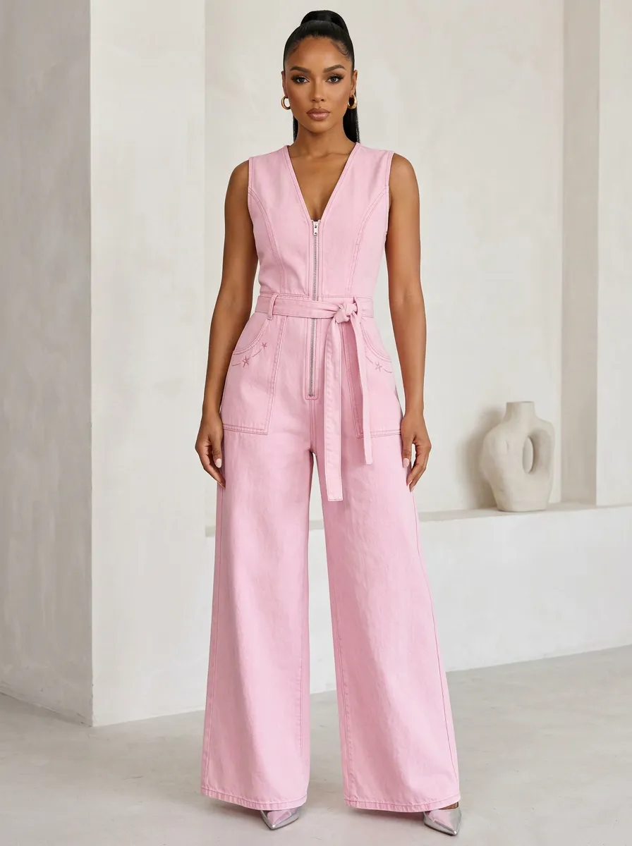 Pink Star Embroidered Zip-Front Denim Jumpsuit