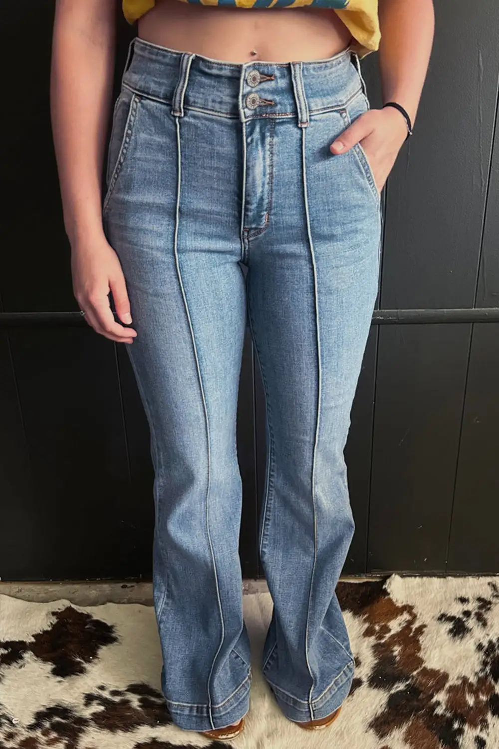 Panel Detail Washed Denim Jeans