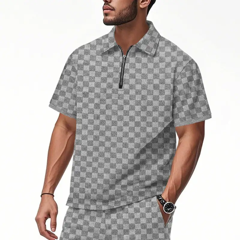 Men's Short Half-Zip Polo Shirt Structured Waffle Piqué With Shirt Collar And Fitted Silhouette