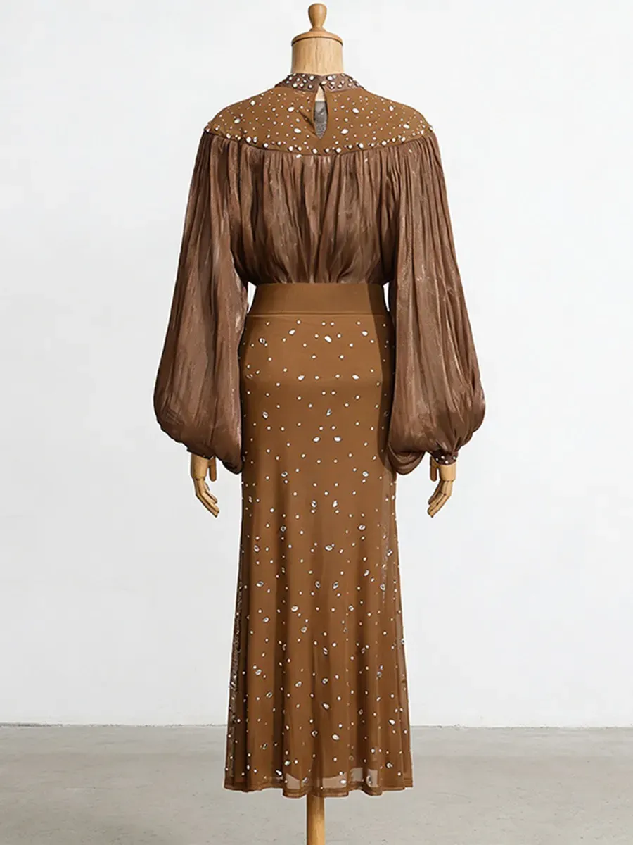 Isadora Mesh Lantern Sleeve Rhinestone Two Piece Set