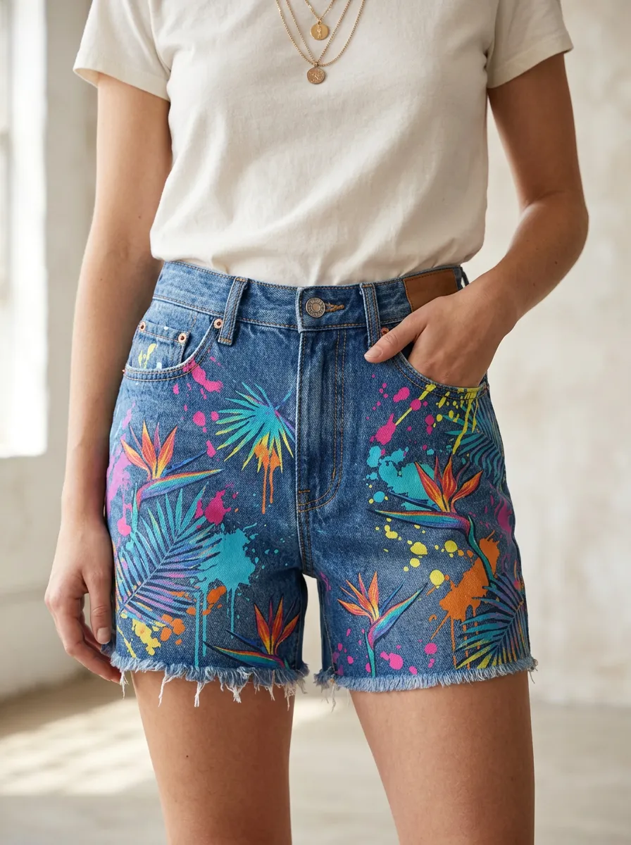Women's Tropical Bird of Paradise Paint Splatter Printed Denim Shorts