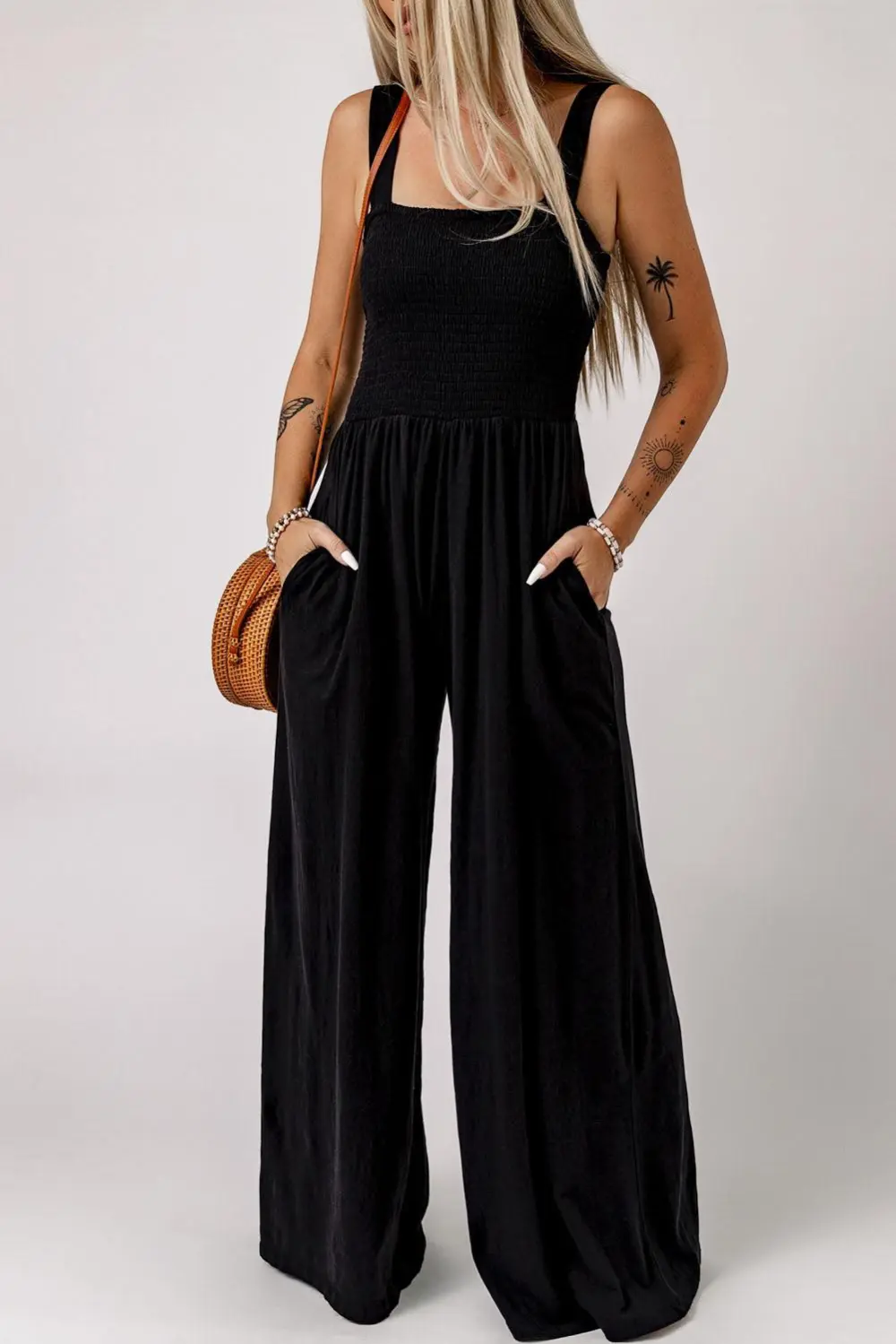 Smocked Square Neck Wide Leg Pockets Jumpsuit