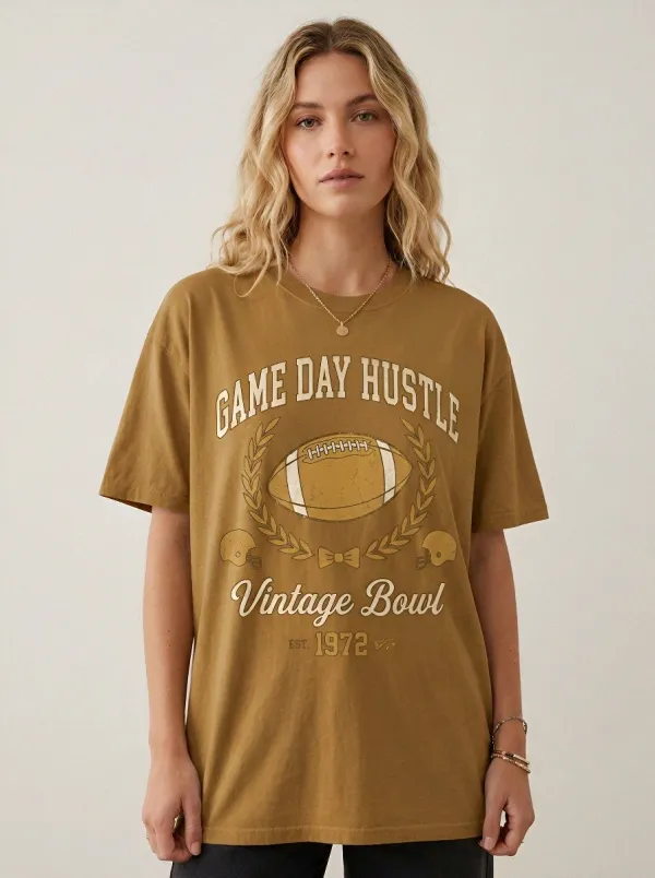 Women's Football Lover Game Day Hustle Vintage Bowl Printed T-Shirt