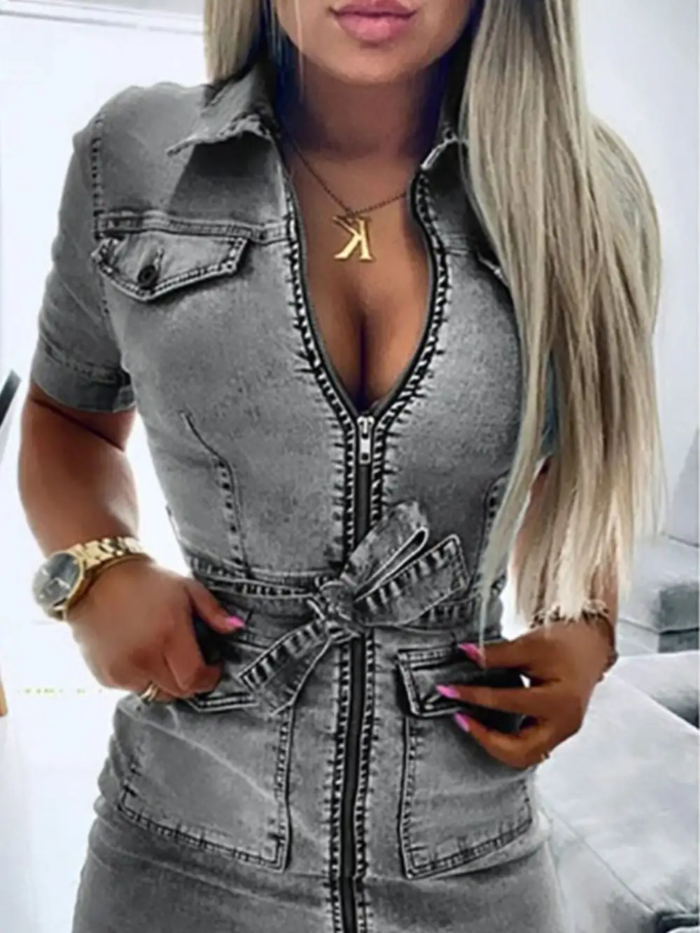 Short-Sleeve Denim Casual Dress