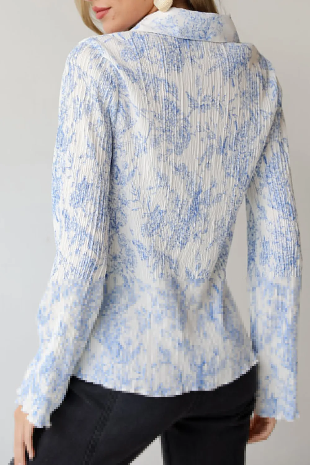 Blue Floral Plisse Button-Up Blouse