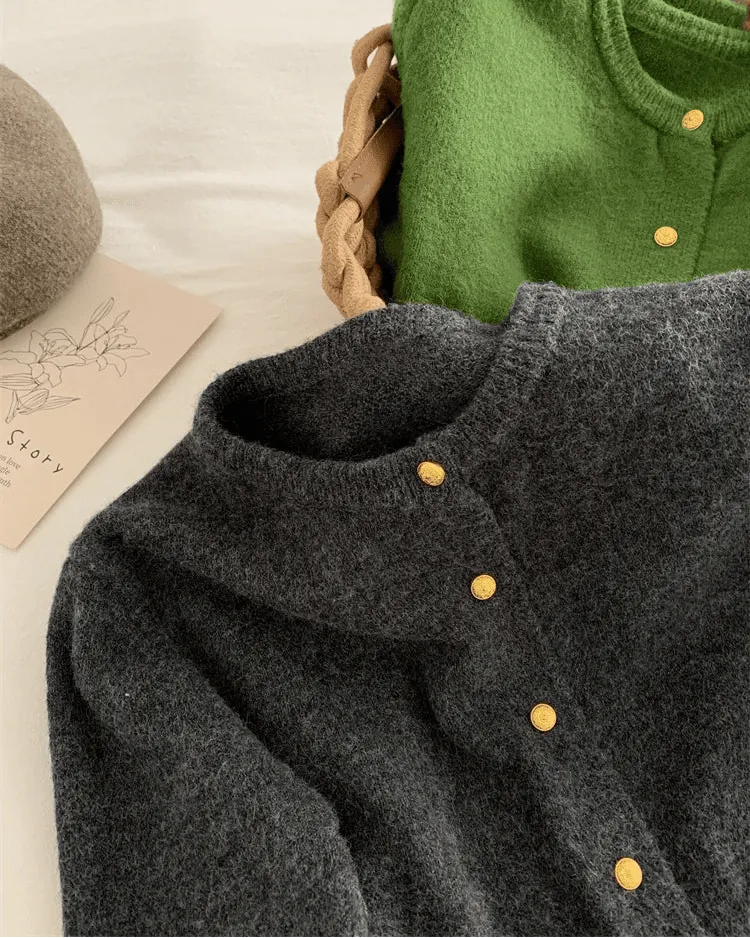 Classic Wool Button-Front Round-Neck Cardigan