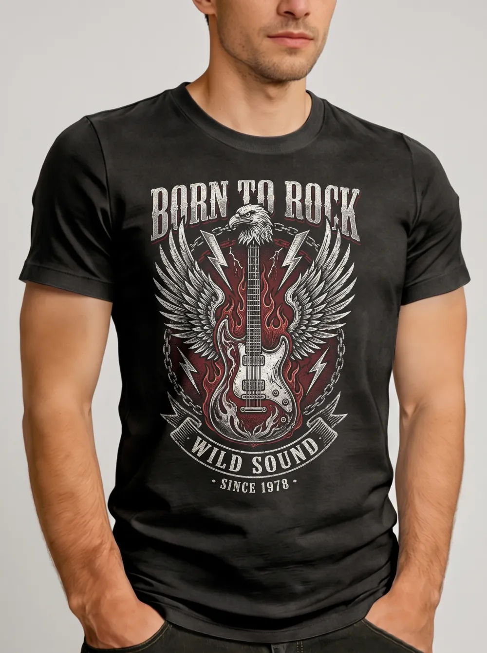 Men's Rock Music Lover Eagle Guitar Flame Printed T-shirt