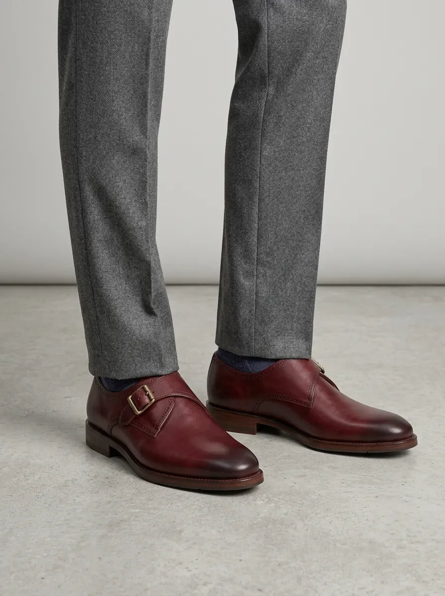 Men's Leather Single Monk Strap Brogue Shoes