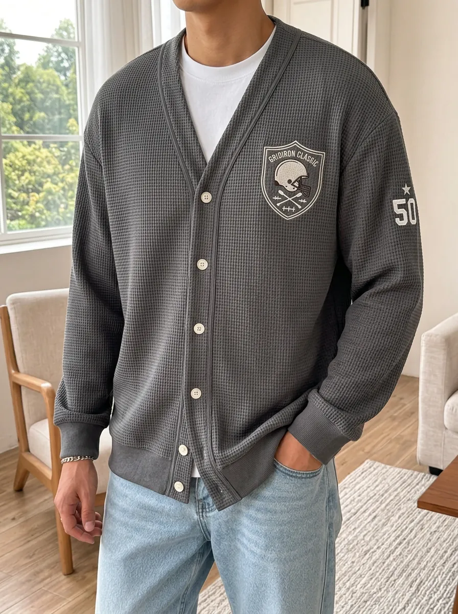 Men's Gridiron Football Helmet 50 Printed Waffle Cardigan