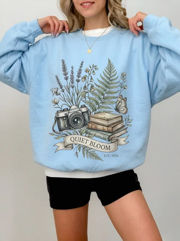 Women's Nature Photography Book Lover Quiet Bloom Printed Sweatshirt