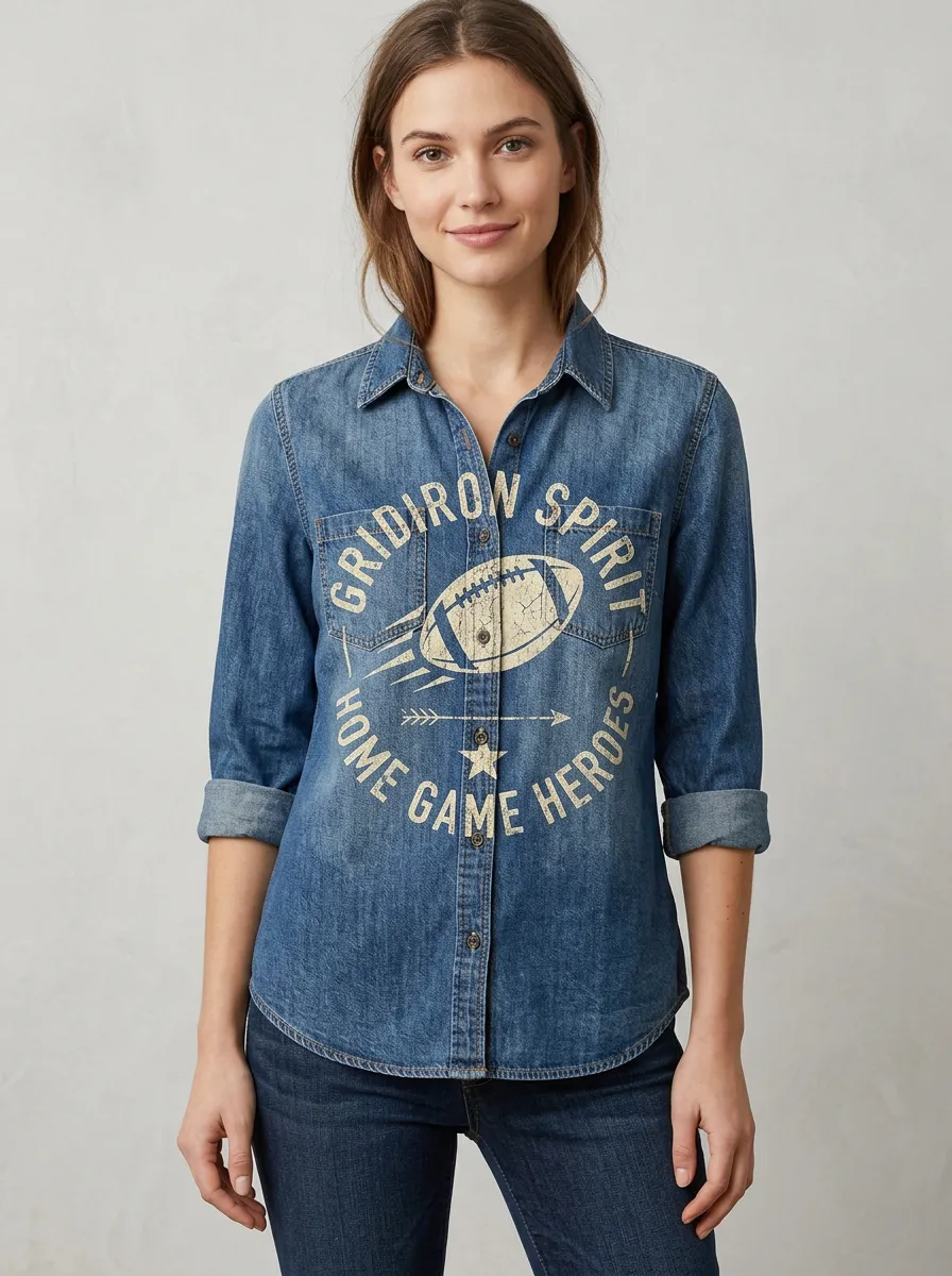 Women's Football Fan Gridiron Spirit Graphic Denim Shirt