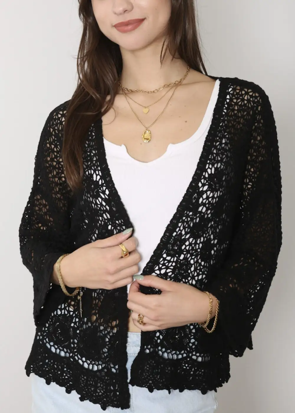High-Waist Distressed Scalloped Embroidered Cropped Cardigan