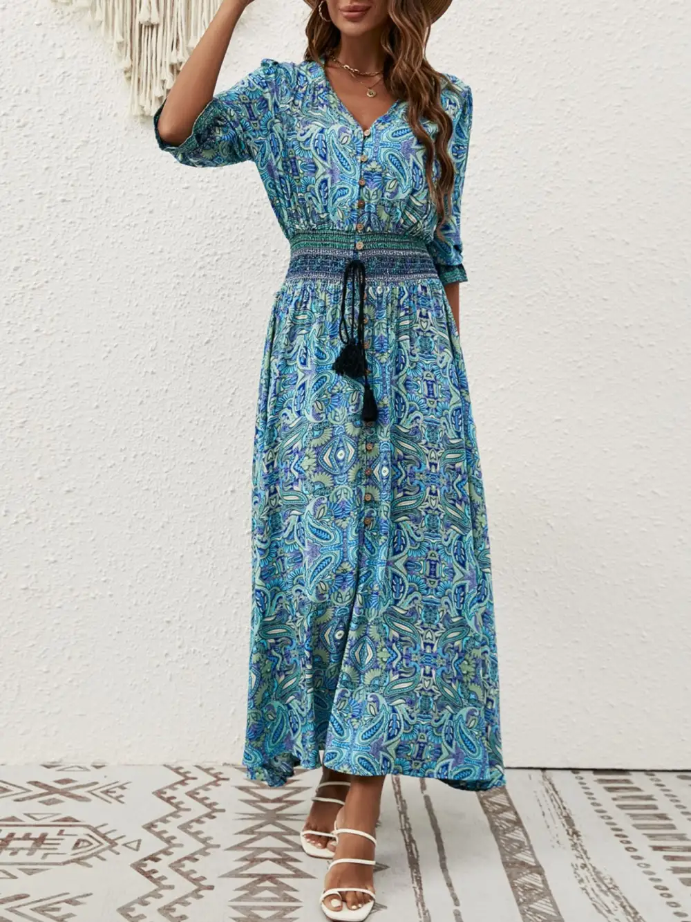 Smocked Half-Sleeve Midi Dress