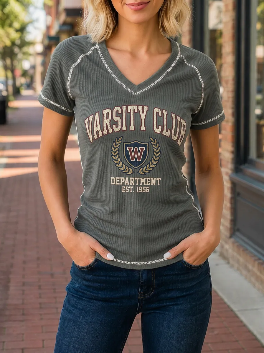 Women's Varsity Club College Style W Emblem Printed V-Neck T-Shirt