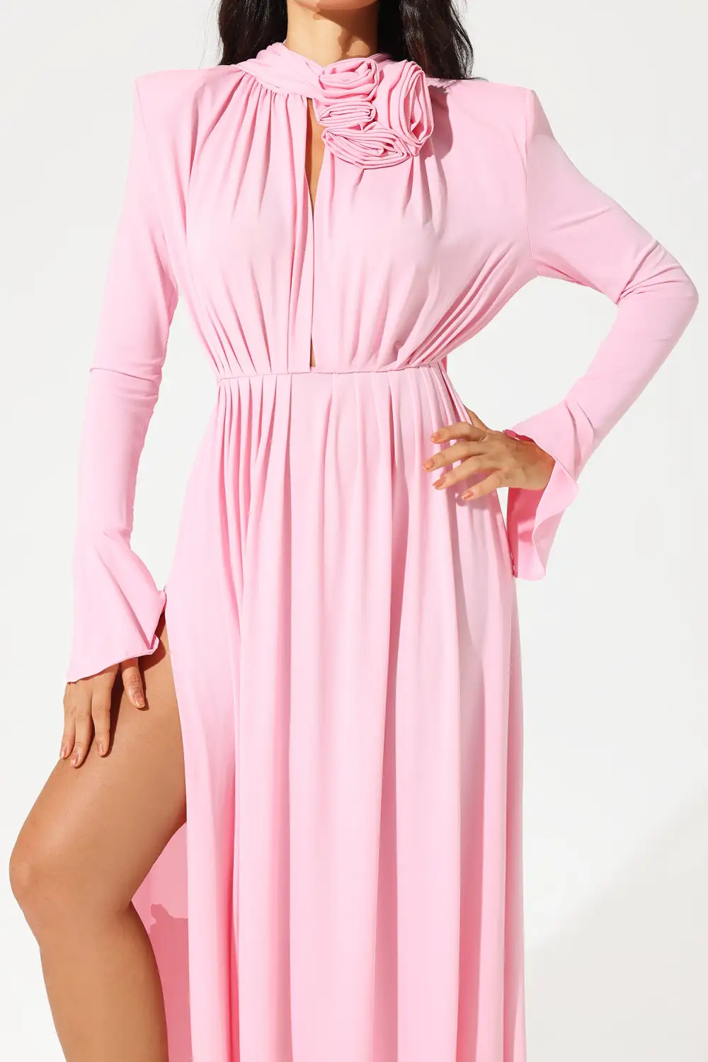 Lantern Sleeve High Collar Flower Slit Midi Dress