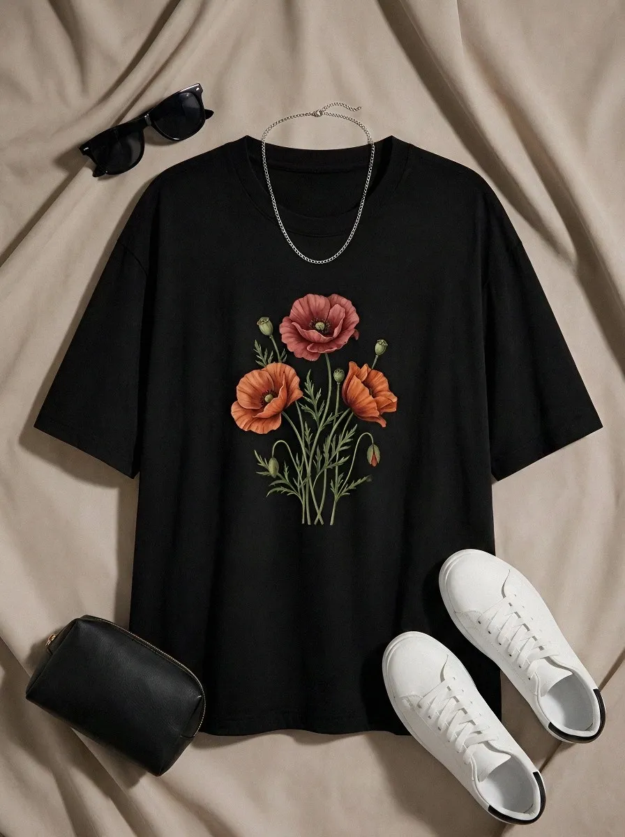 Unisex Botanical Nature Lover Red Poppy Flower Printed T-shirt