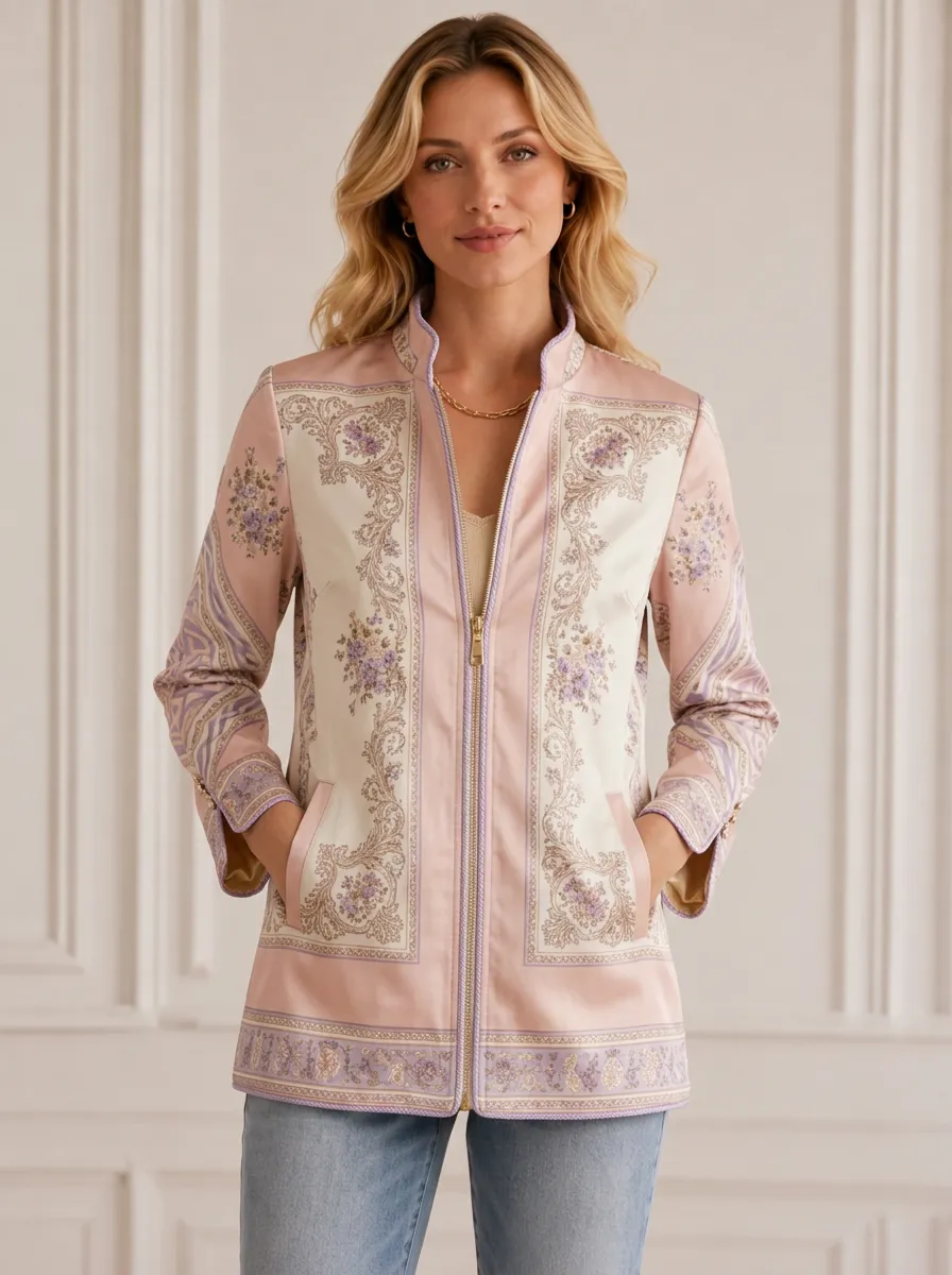 Women's Vintage Floral Baroque Printed Zip-Up Jacket