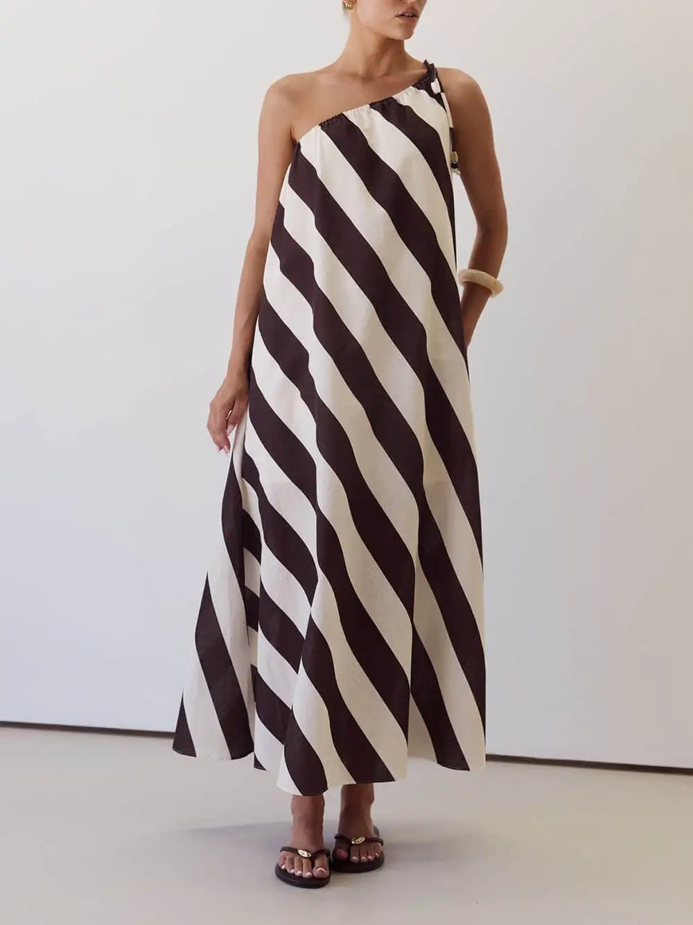 Stripe Print One Shoulder Maxi Dress