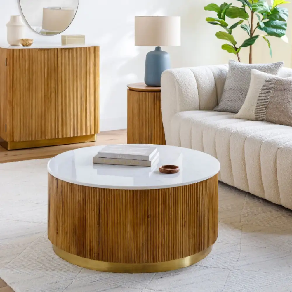 Reeded Wood Marble Coffee Table