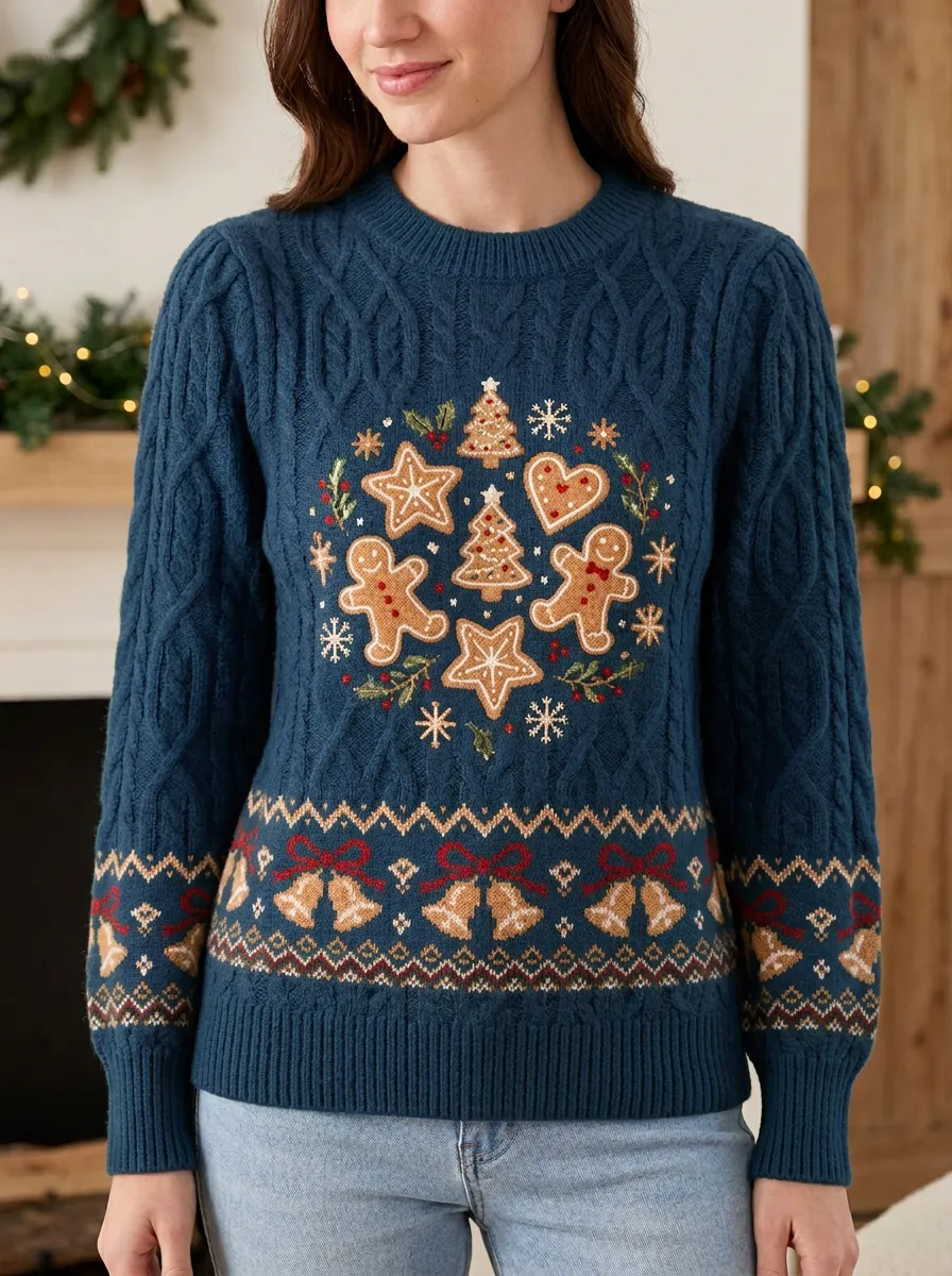 Christmas Gingerbread Man Snowflake Bell Print Sweater