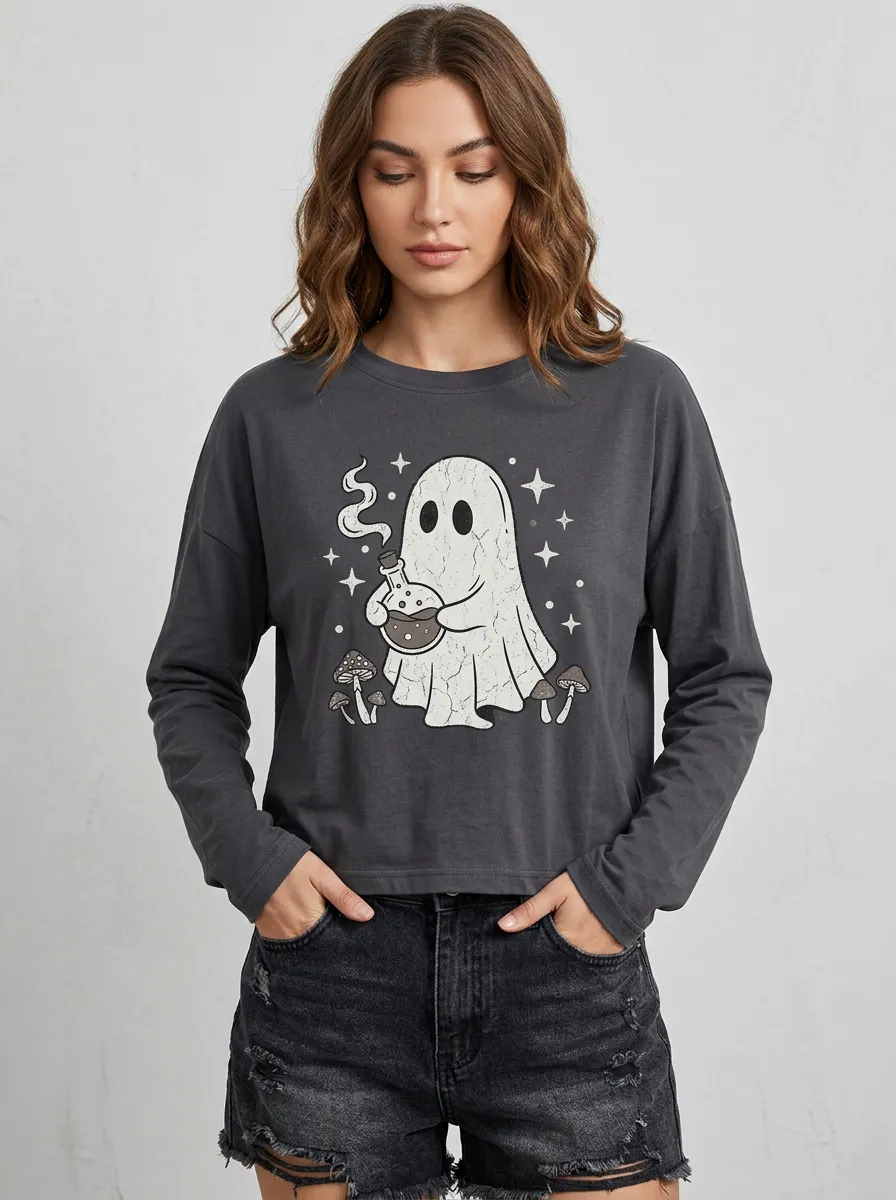 Women's Halloween Ghost Potion Mushroom Printed Long Sleeve T-shirt