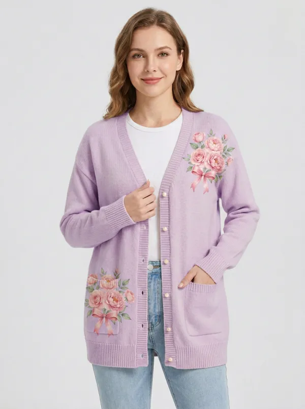 Women's Breast Cancer Awareness Pink Ribbon Rose Printed Cardigan