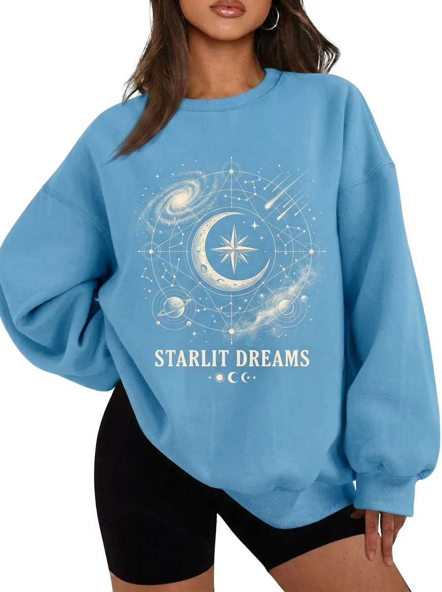 Women's Celestial Starlit Dreams Galaxy Moon Printed T-shirt