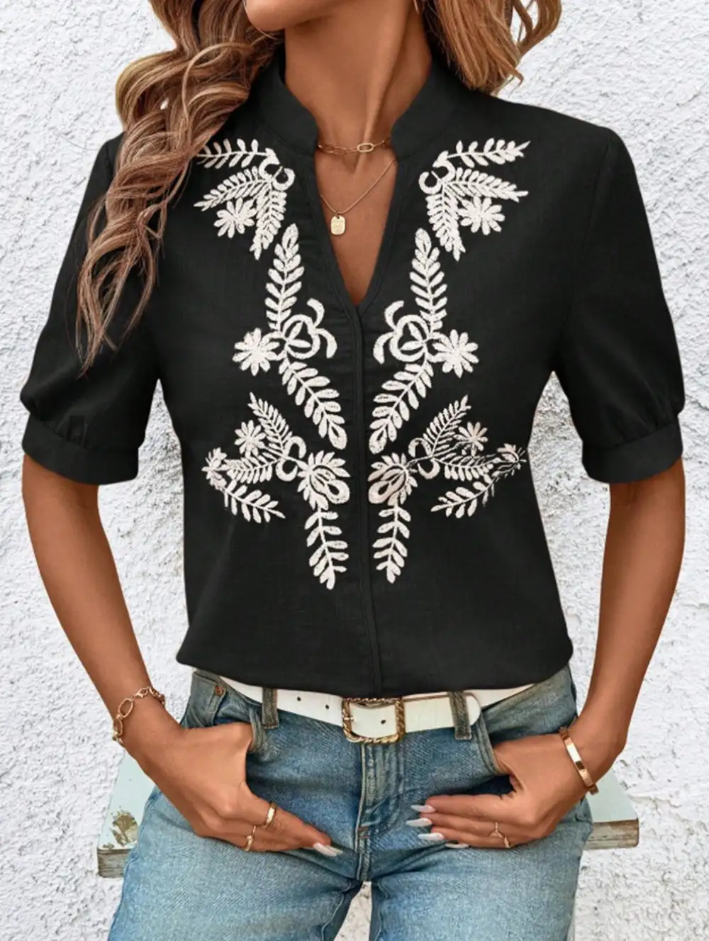 V Neck Embroidered Cotton Short Sleeve Blouse