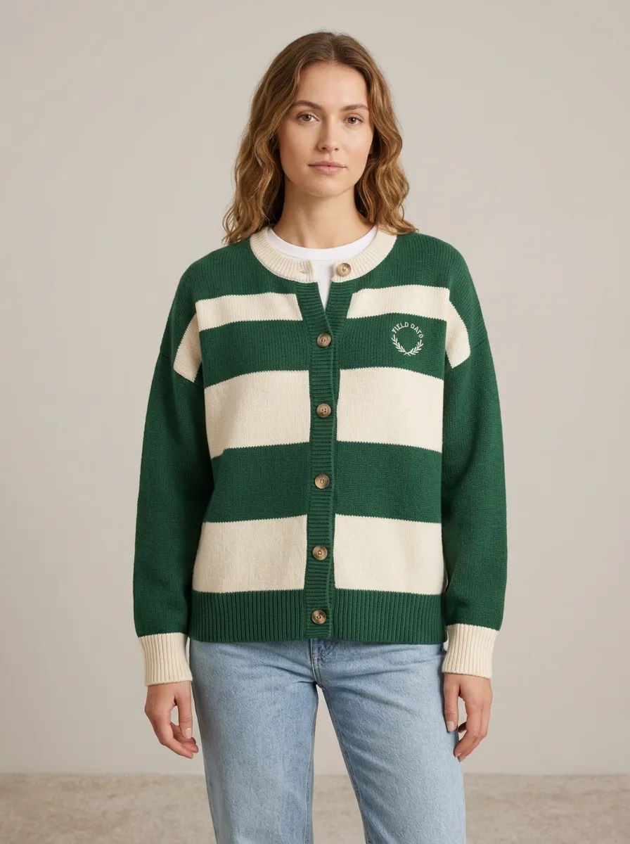 Rugby Striped Embroidered Knit Cardigan