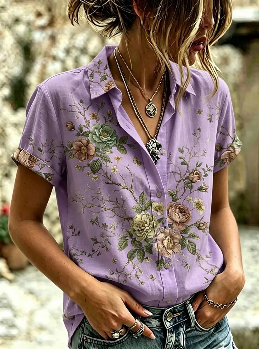 Women's Vintage Floral Botanical Printed Short Sleeve Shirt