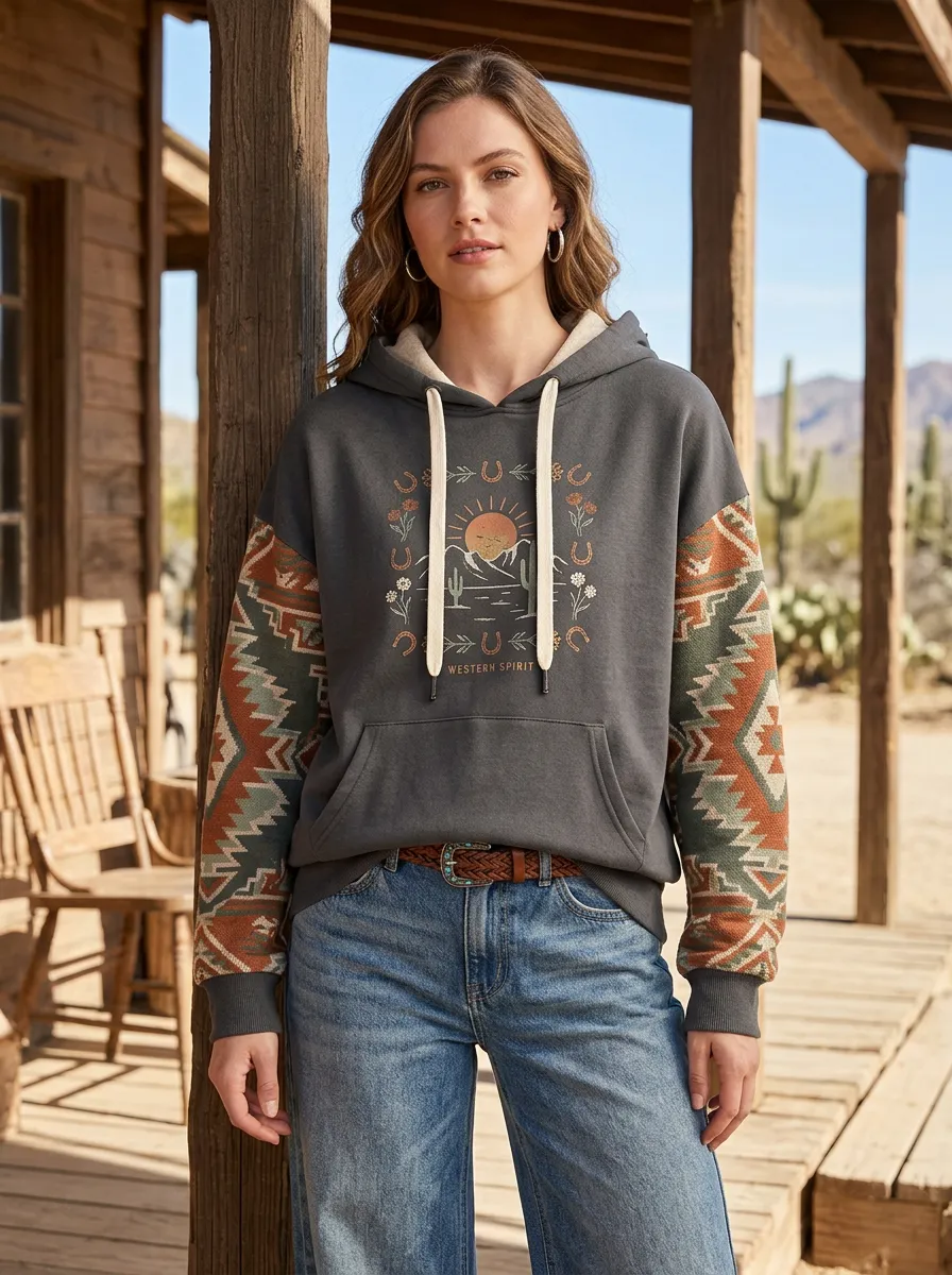 Women's Western Spirit Desert Cactus Horseshoe Printed Hoodie