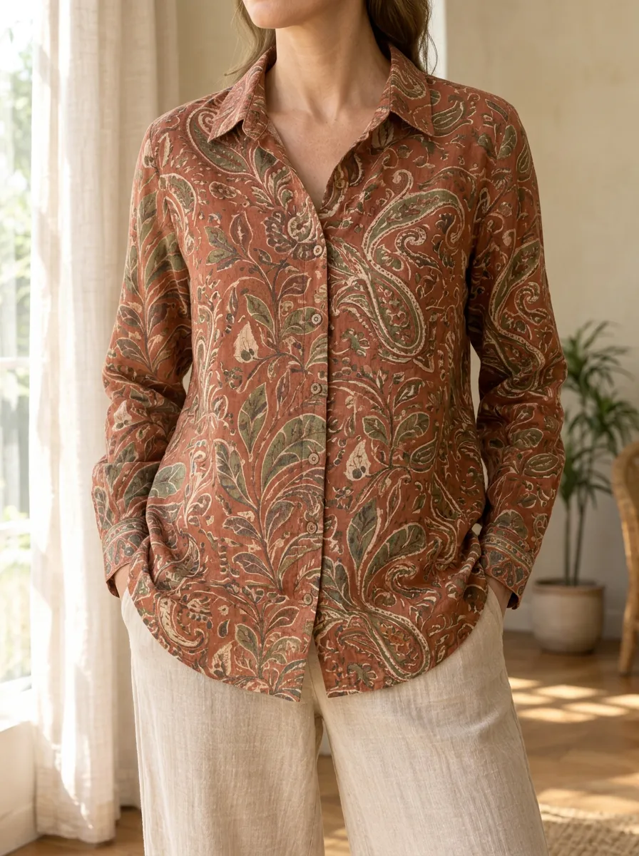 Women's Boho Style Rust Paisley Floral Printed Shirt