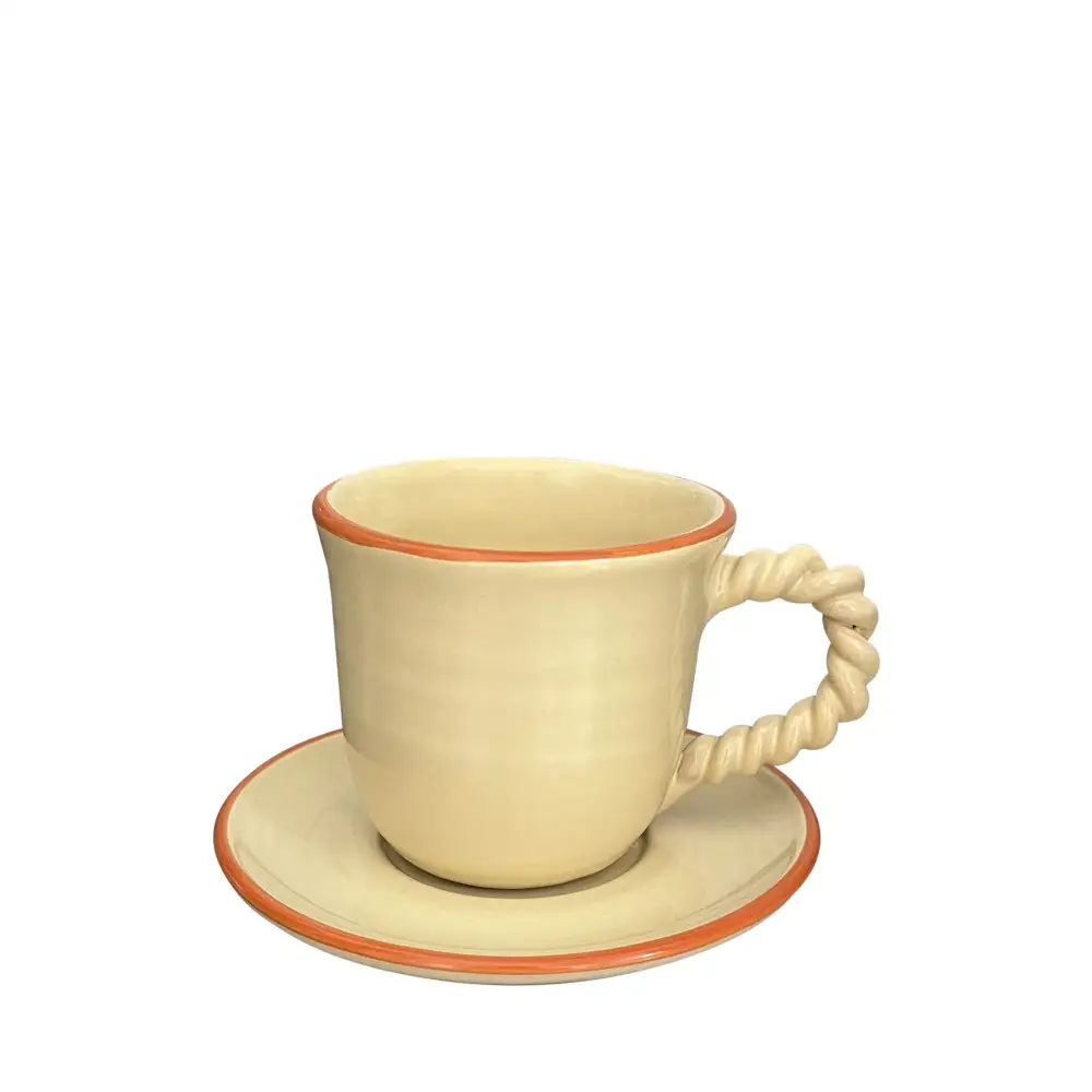 Hand-Painted Rope-Handle Ceramic Coffee Cup And Saucer