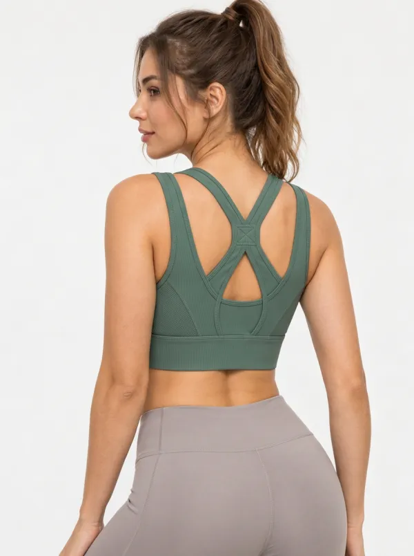 Women's Cross Strap Yoga Bra with Ribbed Detail