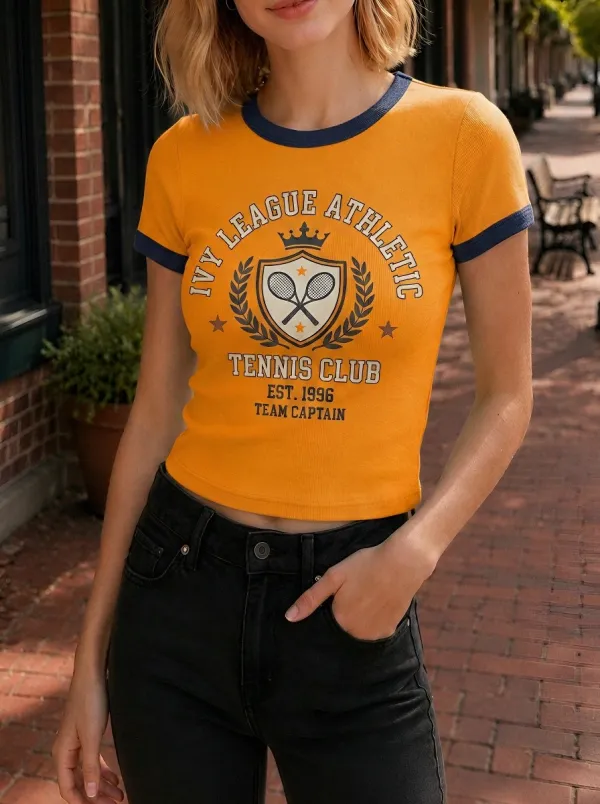 Women's Ivy League Tennis Club Racket Crest Printed Ringer T-shirt