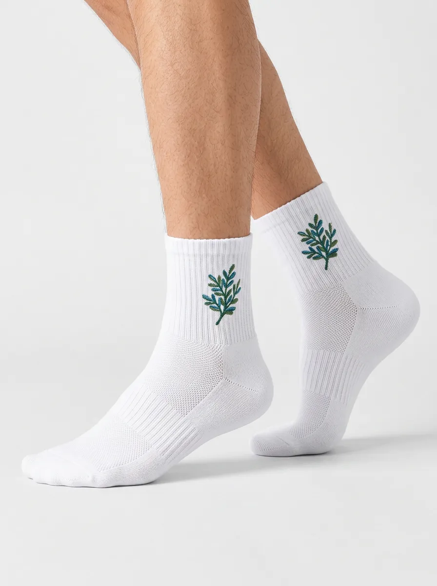 White Botanical Leaf Graphic Athletic Ankle Socks