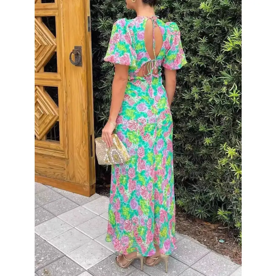 V-Neck Puff Sleeve Midi Dress