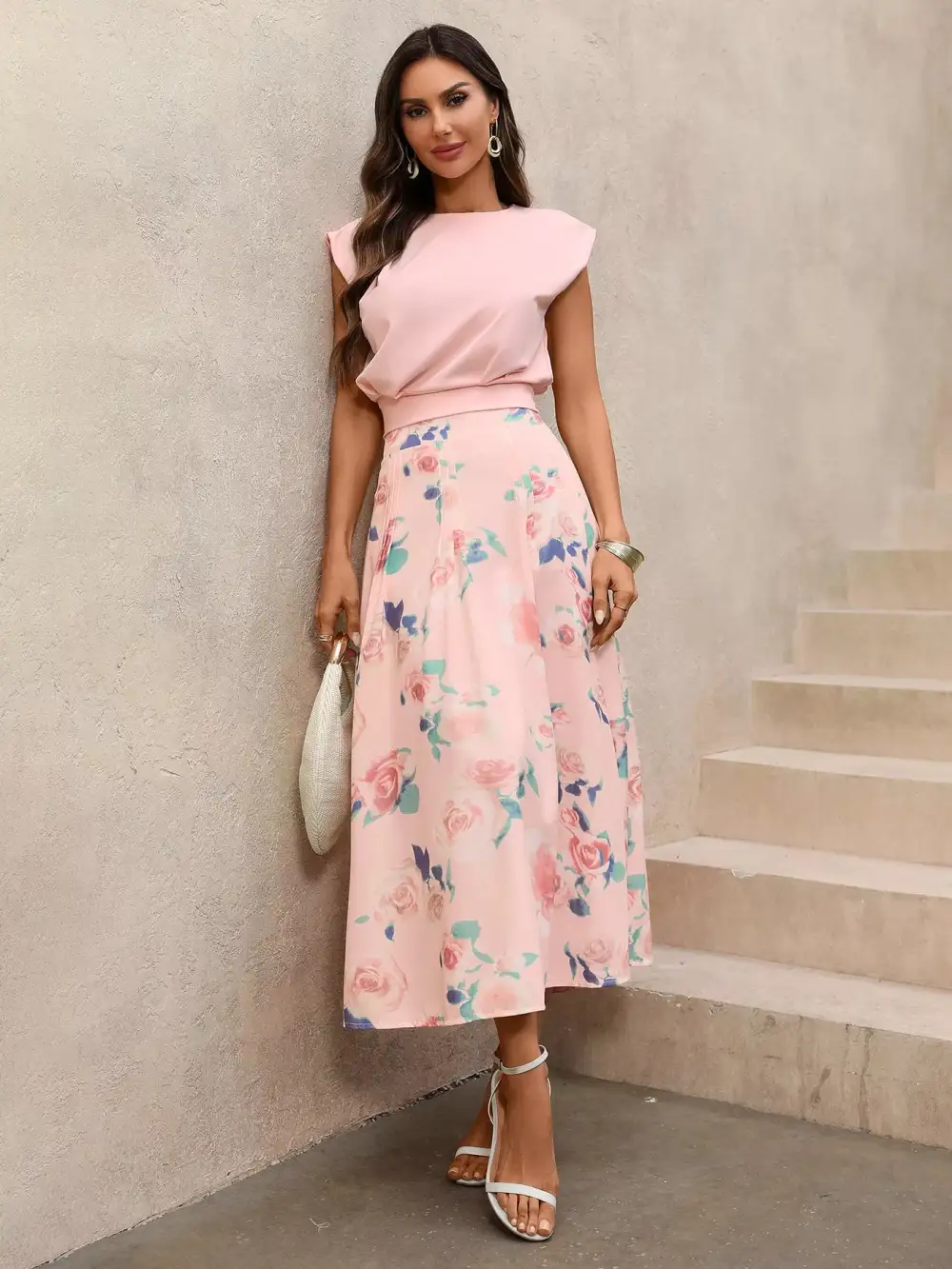Round Neck Top Floral Print Skirt Set