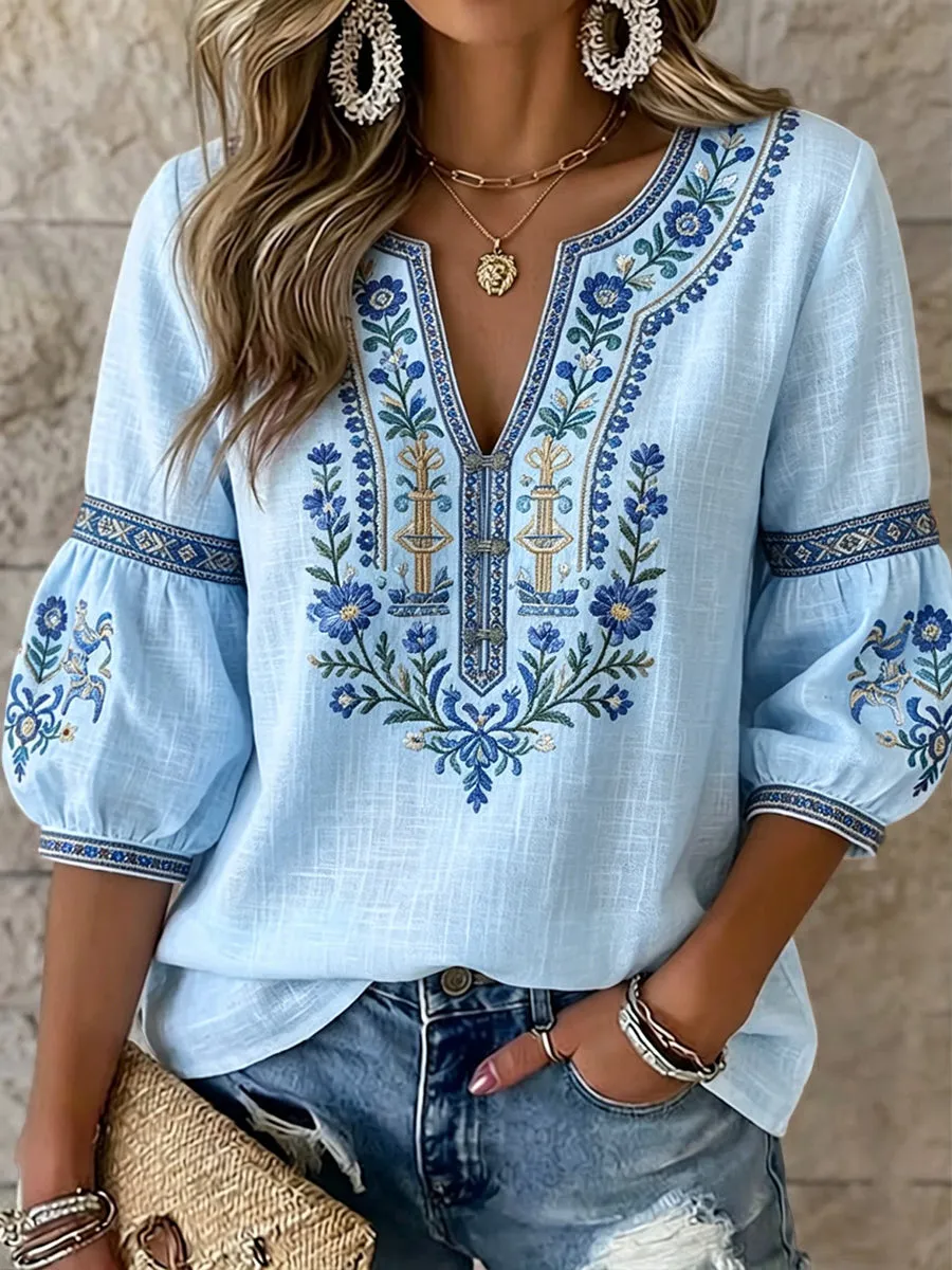 Women's V-neck Mid-Sleeve Printed Casual T-shirt