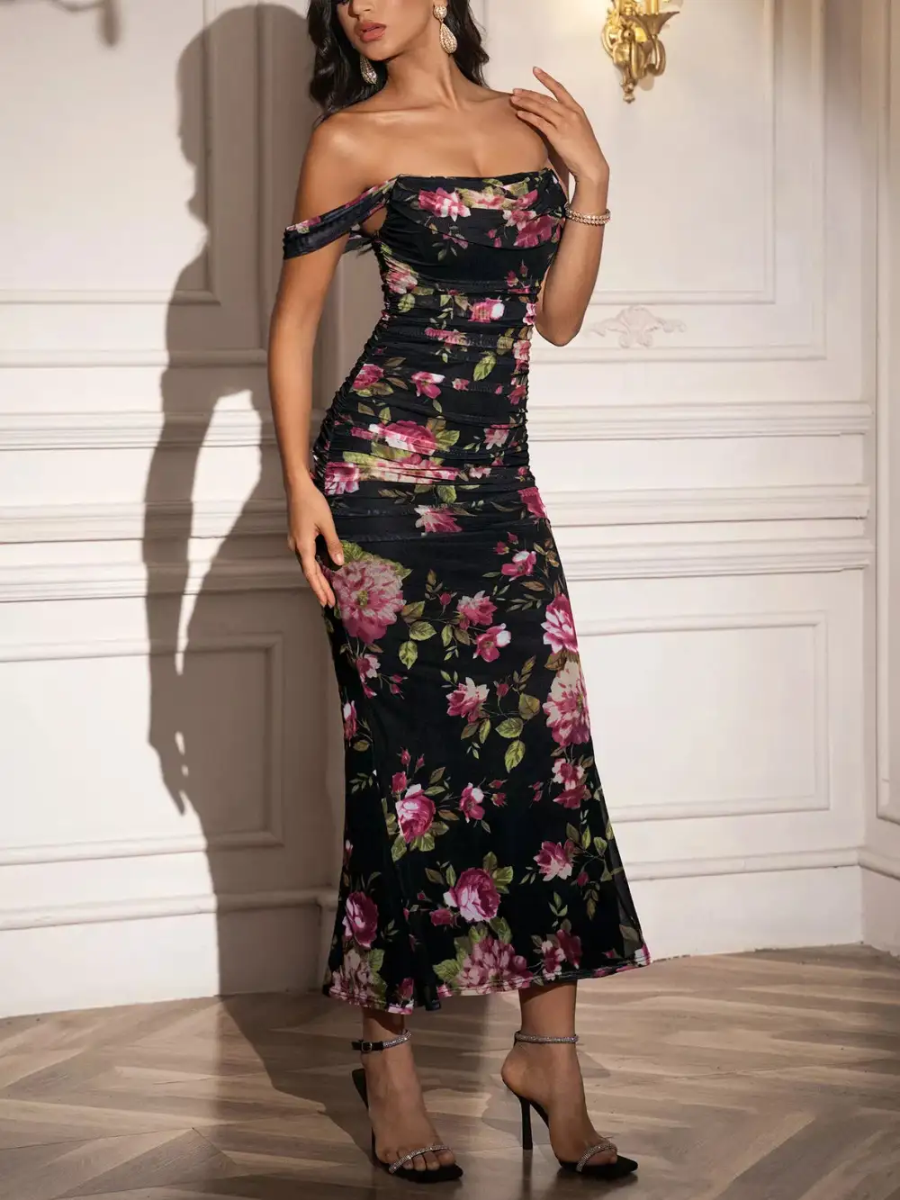Ruched Off-Shoulder Floral Casual Dress