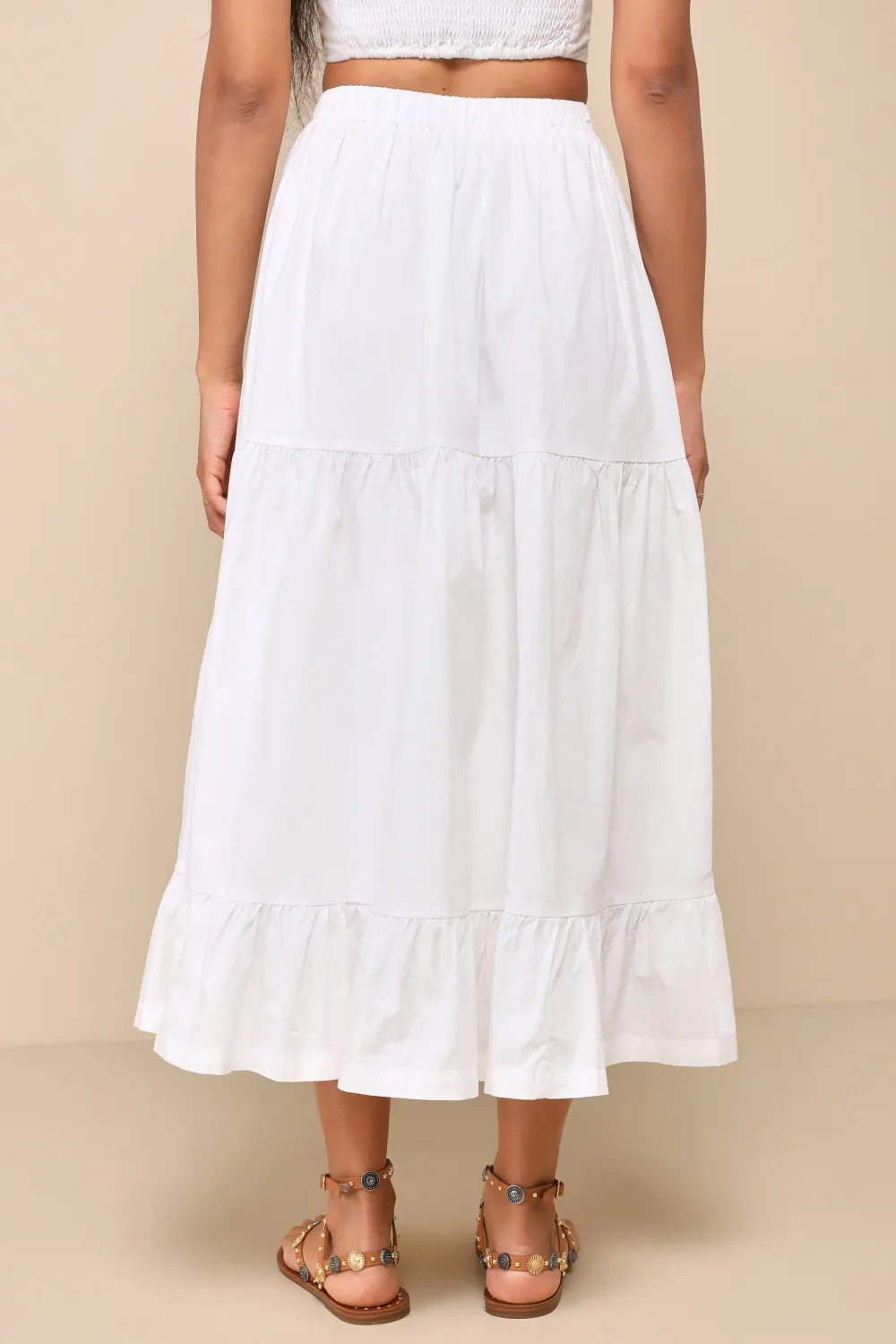 Casual Style White Cotton Tiered Midi Skirt