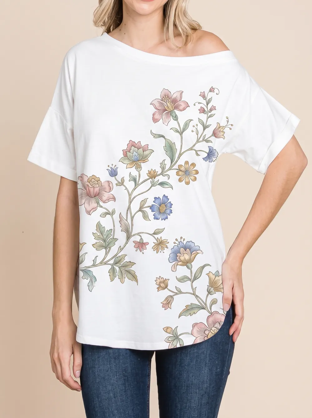 Women's Botanical Floral Art Printed off-shoulder top