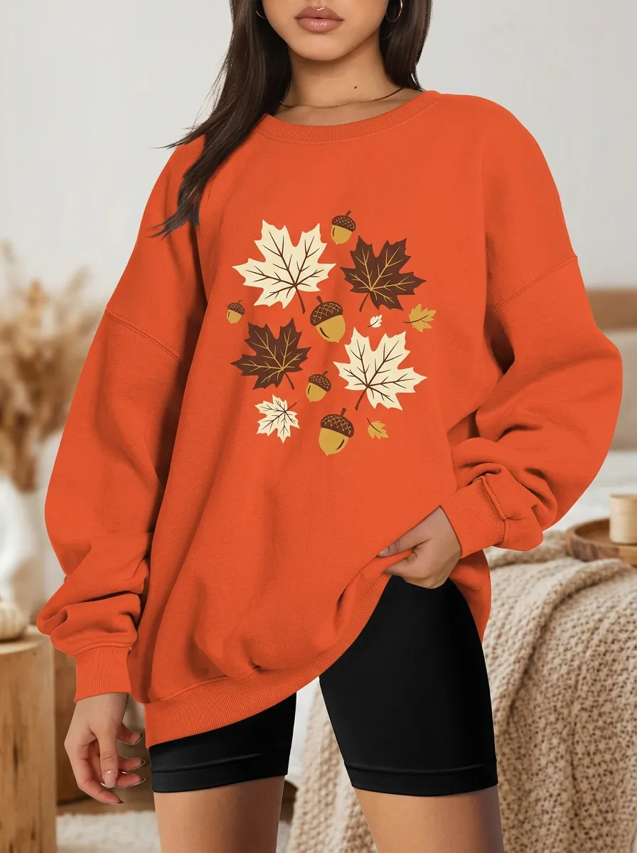 Layered Design Maple-Leaf Printed Acorn Graphic Sweatshirt
