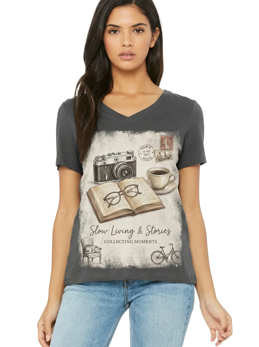 Women's Slow Living Book Camera Coffee Printed V-neck T-shirt