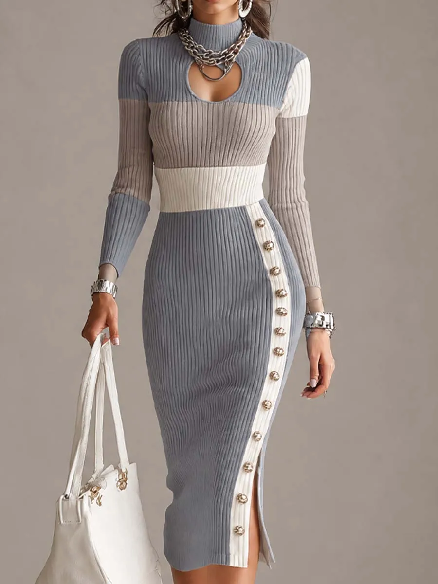 Elegant Colorblock Ribbed Knit Cutout Long Sleeve Bodycon Midi Dress with Button Slit Detail