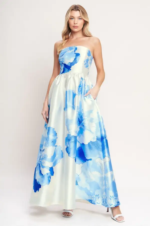 Classic Smocked Strapless Printed Maxi Dress