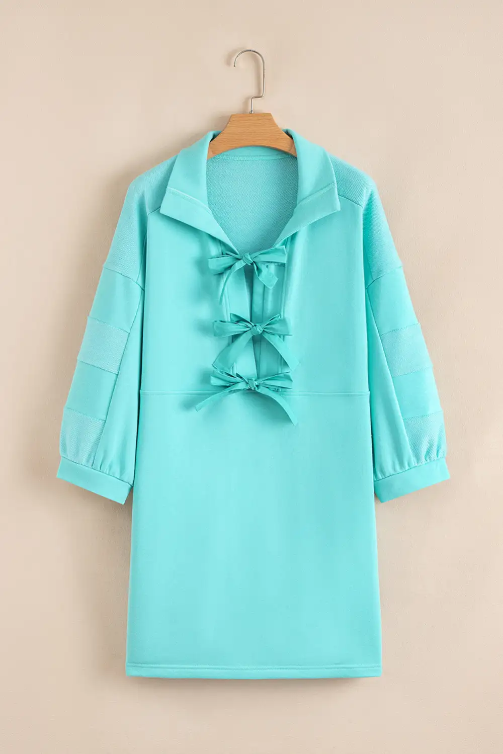 Moonlight Jade Bow Front Bracelet Sleeve Collared Side Pocket Shift Mini Dress