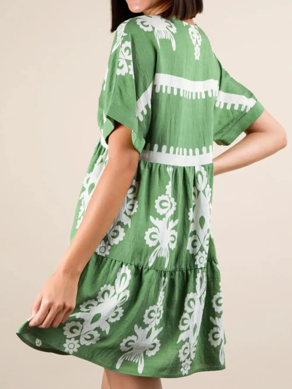 Printed V Neck Short Sleeve Mini Dress